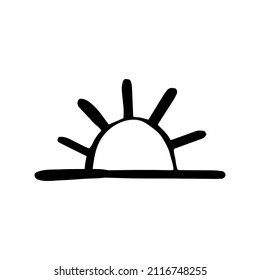 Sunrise. Doodle sun horizon. Black line sketch art icon. Cute cartoon kids teens design. Outline drawing logo minimal style.