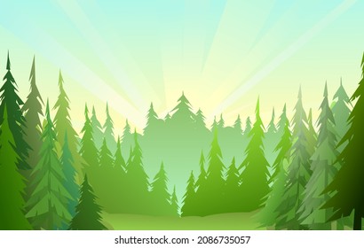 Sunrise due to coniferous forest on the horizon. Cute funny floral green landscape. Rural countryside. Illustration in cartoon style flat design. Vector.