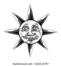 Sunrise engraving illustration. Vintage engraved sun with face of the human like. Anthropomorphic flash tattoo or print design. Vector 