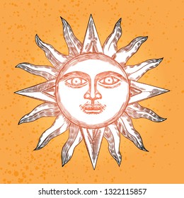 Sunrise engraving illustration. Vintage engraved sun with face of the human like. Anthropomorphic flash tattoo or print design. Vector 