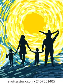 Sunrise Family - Illustration Family, Silhouette, Sunrise - Dawn, People. hand drawing. Not AI, Vector illustration