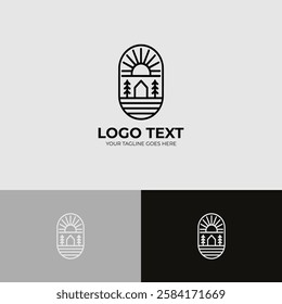 Sunrise farm line art vector logo design template
