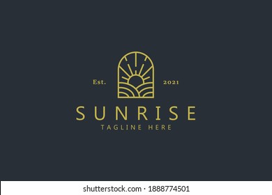 Sunrise Farm On The Window Shape Logo. Vintage Badge Creative Design Brand Identity.