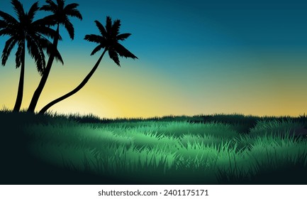 Sunrise with field and coconut trees