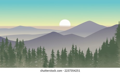 Sunrise in foggy mountains. Vector nature landscape