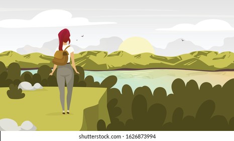 Sunrise in forest flat vector illustration. Backpacker watching sunrise. Woman on mountain peak. Sunset on lake. Scenic landscape. Trekking destination. Female tourist cartoon characters