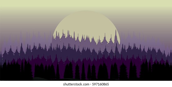 Sunrise, forest and morning mist
vector nature illustration