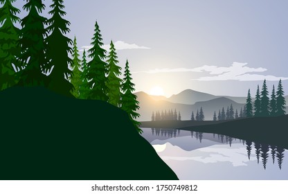 Sunrise in the forest with river and mountain