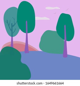 A sunrise in the forest with some clouds and birds flying in pink, blue and green colours