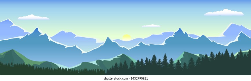 Sunrise in a forest valley with mountains. Stock vector illustration. Panoramic wallpaper with mountain views. EPS 10