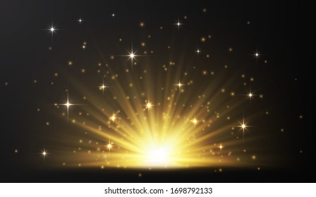 Sunrise. Glow light effect. Starburst with sparkles on dark transparent background. Vector illustration.