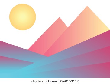 Sunrise with grass field flat abstract design for painting wall decoration