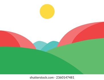 Sunrise in grass field mountain red forest flat abstract design for painting wall decoration