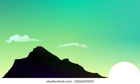 Sunrise Green Gradient Sky With Mountain and clouds. Tropical island background for presentations at schools, website, and office. RGB