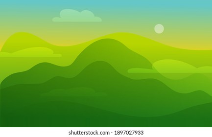 Sunrise and green hills. Valley landscape flat style illustration. Futuristic gradient glowing hills on haze sunshine sky background. Fantasy misty vector backdrop design template for game, web, app.