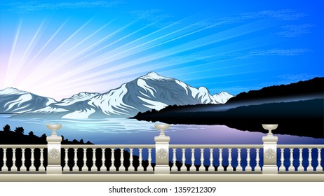 Sunrise, High mountains and calm river water landscape with forest slopes and snowy peaks. Marble stone railing, with patterns and flower beds. Beautiful natural landscape vector  illustration