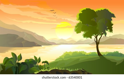 SUNRISE IN HILLS AND YOUNG TREE BY LAKE SIDE