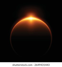 Sunrise horizon. Solar or moon eclipse with blur spark effect vector illustration. Orange glowing space planets in universe. Realistic celestial shiny rays, round aura and dark globe silhouette