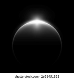 Horizonte do nascer do sol. Eclipse solar ou lunar com ilustração de vetor de efeito de faísca borrada. Planetas espaciais brancos brilhantes no universo. Raios brilhantes, aura redonda e silhueta de globo escuro. Objeto celeste realista