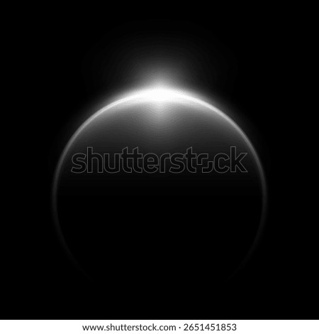 Sunrise horizon. Solar or moon eclipse with blur spark effect vector illustration. White glowing space planets in universe. Shiny rays, round aura and dark globe silhouette. Realistic celestial object