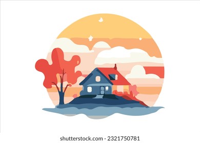 sunrise with house flat vector 