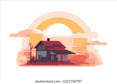 sunrise with house flat vector 
