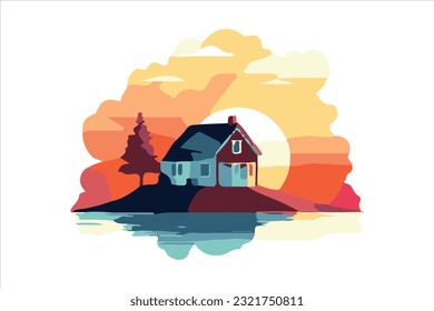 Sonnenaufgang mit Hausflavektor 