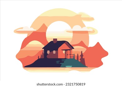 sunrise with house flat vector 