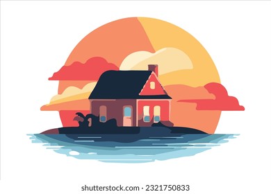 sunrise with house flat vector 