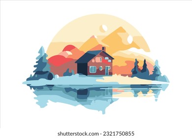 sunrise with house flat vector 