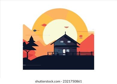 sunrise with house flat vector 