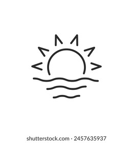 Sunrise icon. A clean, minimalist depiction of the sun rising or setting over the horizon, with waves beneath, conveying the tranquillity of a sunrise or the calmness of sunset. Vector illustration