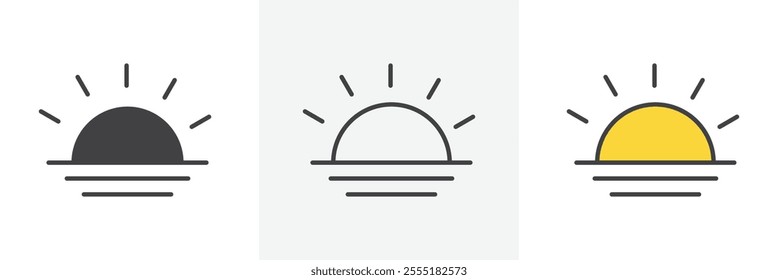 Sunrise icon collection in black and colored style.