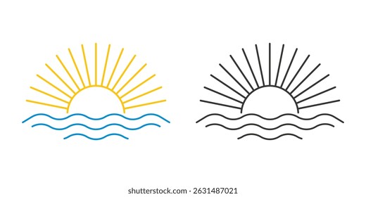 Sunrise icon color and black version. Sun and waves logo or emblem. Simple outline, vector element