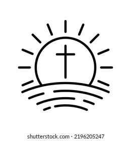Sunrise icon with cross. Church logo icon. Black vector illustration. Religious symbol