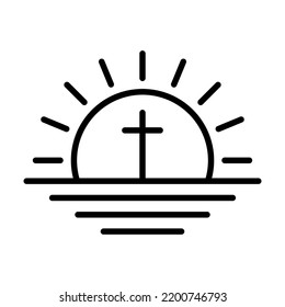 Sunrise icon with cross. Church logo icon. Black vector illustration. Religious symbol