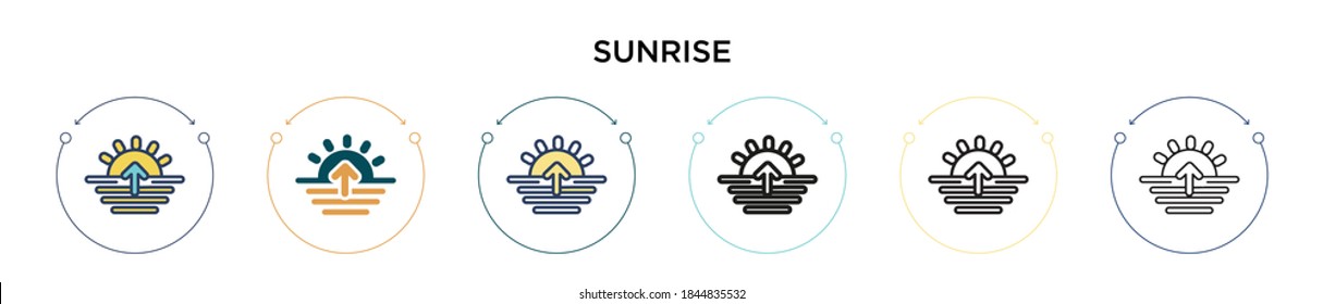 Sunrise icon in filled, thin line, outline and stroke style. Vector illustration of two colored and black sunrise vector icons designs can be used for mobile, ui, web