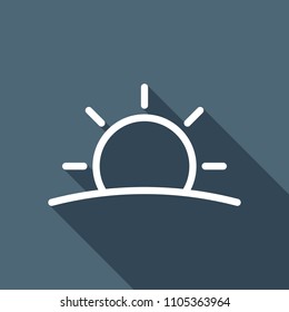 Sunrise icon. Linear, thin outline. White flat icon with long shadow on background