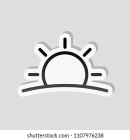 Sunrise icon. Linear, thin outline. Sticker style with white border and simple shadow on gray background