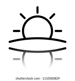 Sunrise icon. Linear, thin outline. Black icon with mirror reflection on white background