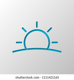 Sunrise icon. Linear, thin outline. Paper design. Cutted symbol with shadow