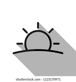 Sunrise icon. Linear, thin outline. Black object with long shadow on white background