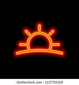 Sunrise icon. Linear, thin outline. Orange neon style on black background. Light icon