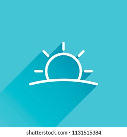 Sunrise icon. Linear, thin outline. Gray icon with long shadow in bottom left corner on blue background