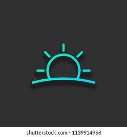 Sunrise icon. Linear, thin outline. Colorful logo concept with soft shadow on dark background. Icon color of azure ocean