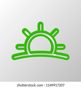 Sunrise icon. Linear, thin outline. Paper style. Cut symbol with green bold contour on shape and simple shadow