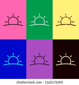 Sunrise icon. Linear, thin outline. Pop art style. Scratched icons on 6 colour backgrounds. 