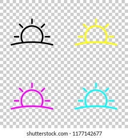 Sunrise icon. Linear, thin outline. Colored set of cmyk icons on transparent background