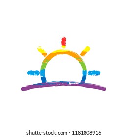 Sunrise icon. Linear, thin outline. Drawing sign with LGBT style, seven colors of rainbow (red, orange, yellow, green, blue, indigo, violet