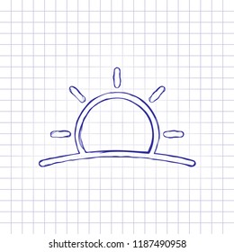 Sunrise icon. Linear, thin outline. Hand drawn picture on paper sheet. Blue ink, outline sketch style. Doodle on checkered background